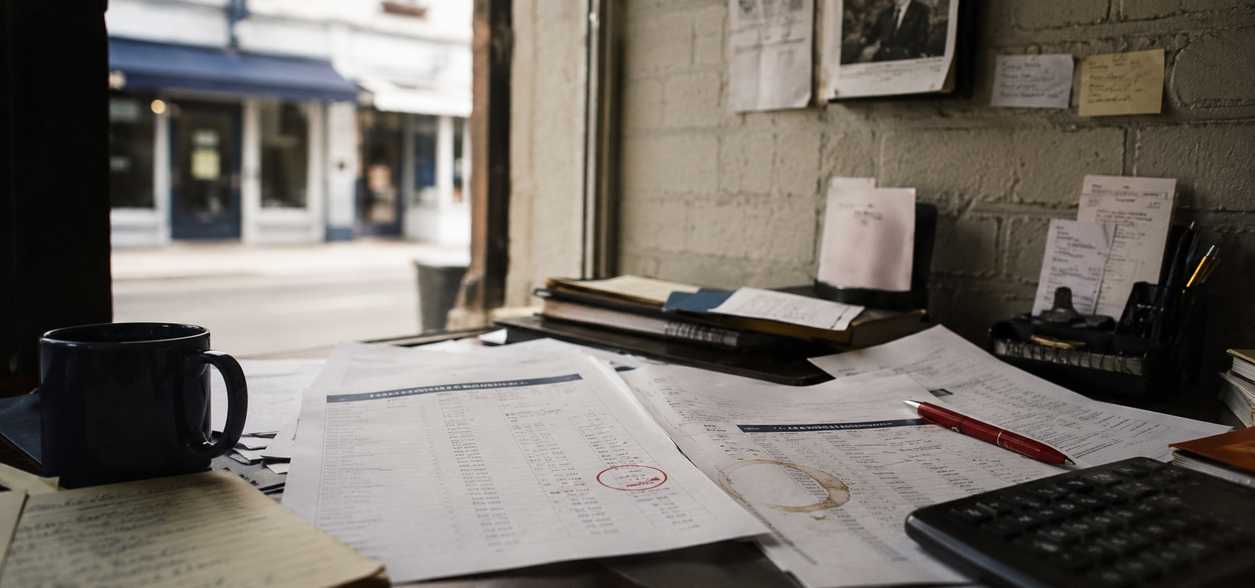 Small business back office desk with financial reports and a calculator