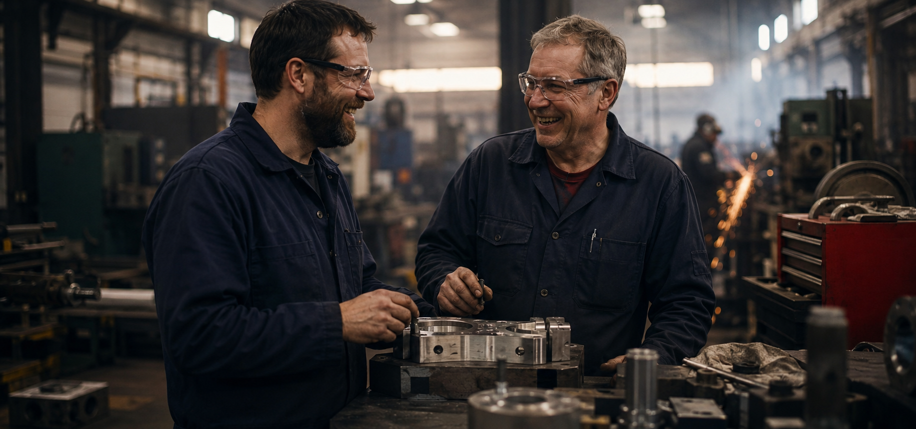 Two machinists laughing over a metal part on a shop floor