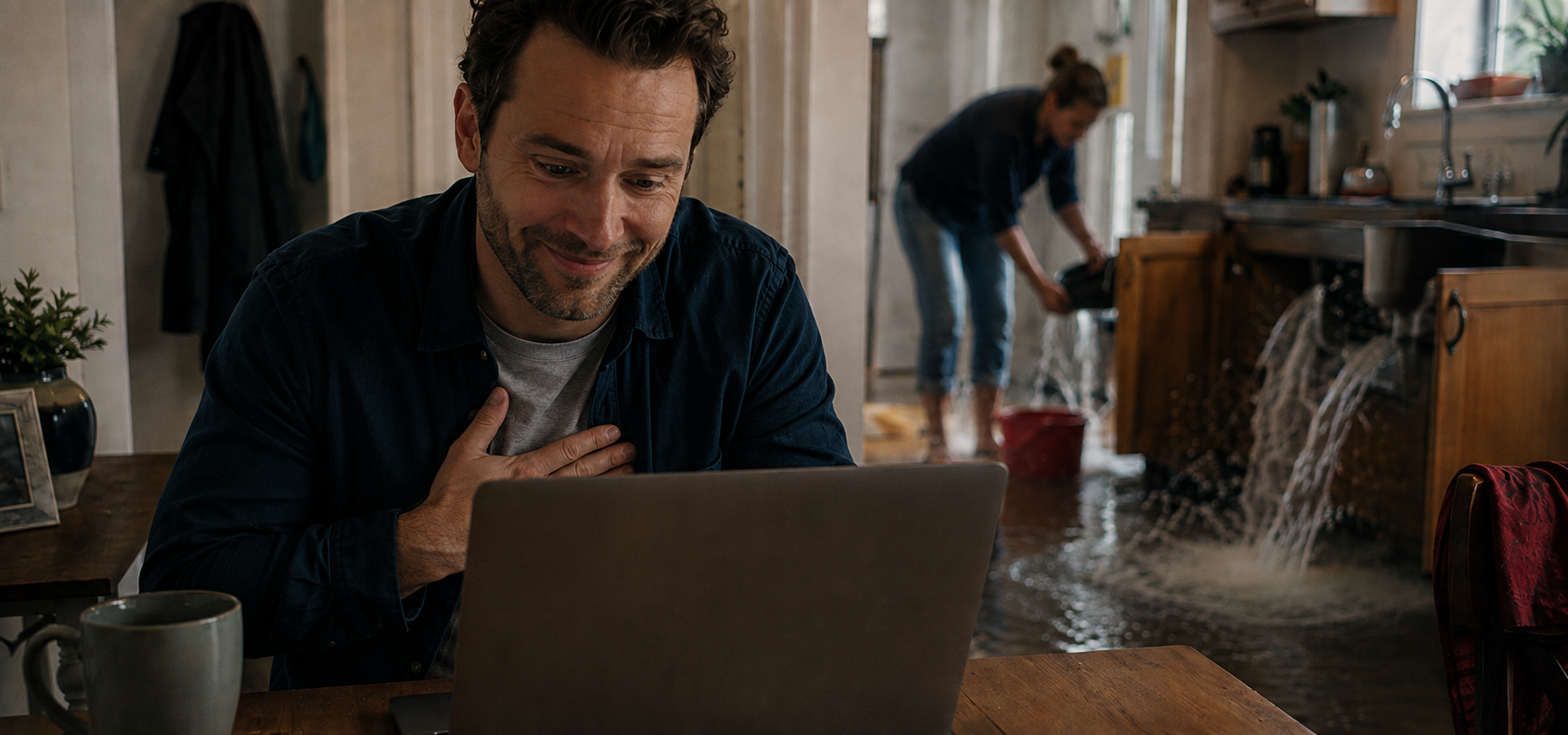 Man smiling at a laptop while water pours from the kitchen sink behind him
