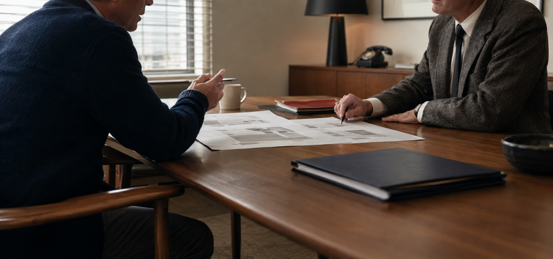 Two people reviewing an agency proposal across a conference table